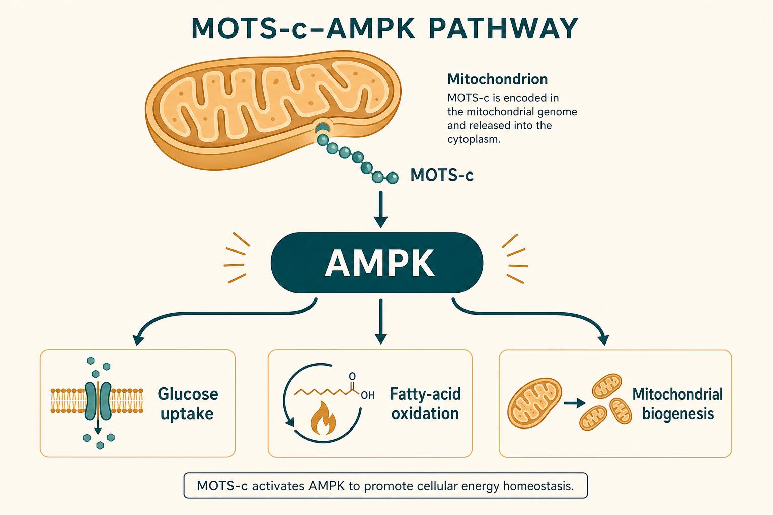 Diagram of the MOTS-c–AMPK pathway: MOTS-c released from mitochondria activates AMPK, which drives glucose uptake, fatty-acid oxidation, and mitochondrial biogenesis